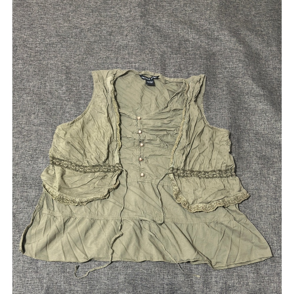Antilia Femme Women's 1X Sleeveless Top Green Boho Lace Trim Peplum Cotton